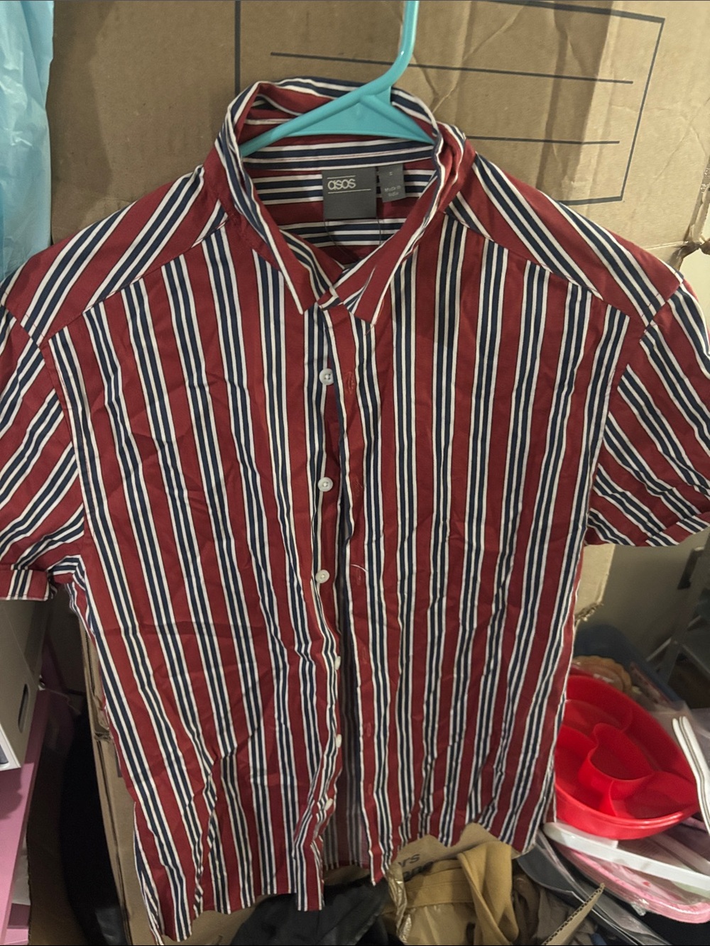 ASOS Men's Red, Navy & White Vertical Stripe Short Sleeve Shirt